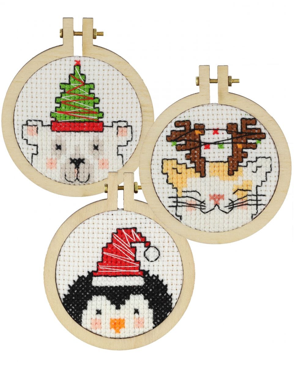 205063 - PAKO 5cm COUNTED CROSS STITCH KITS X3 CUTE XMAS ANIMALS
