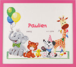 226310 - PAKO 42X37cm ANIMAL BIRTH CHART PINK/BLUE COUNTED CROSS STIT