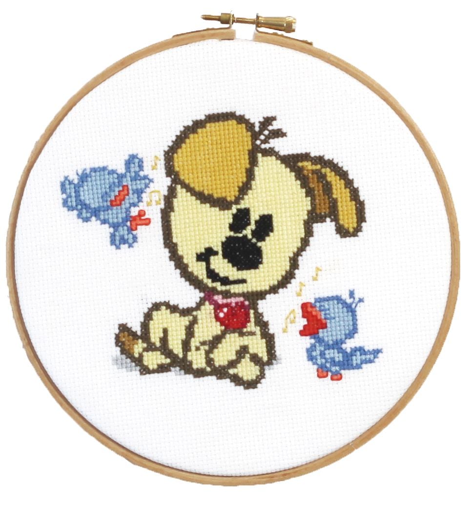 271050 - PAKO DOG & BIRDS 17cm RND COUNTED CROSS STITCH KIT