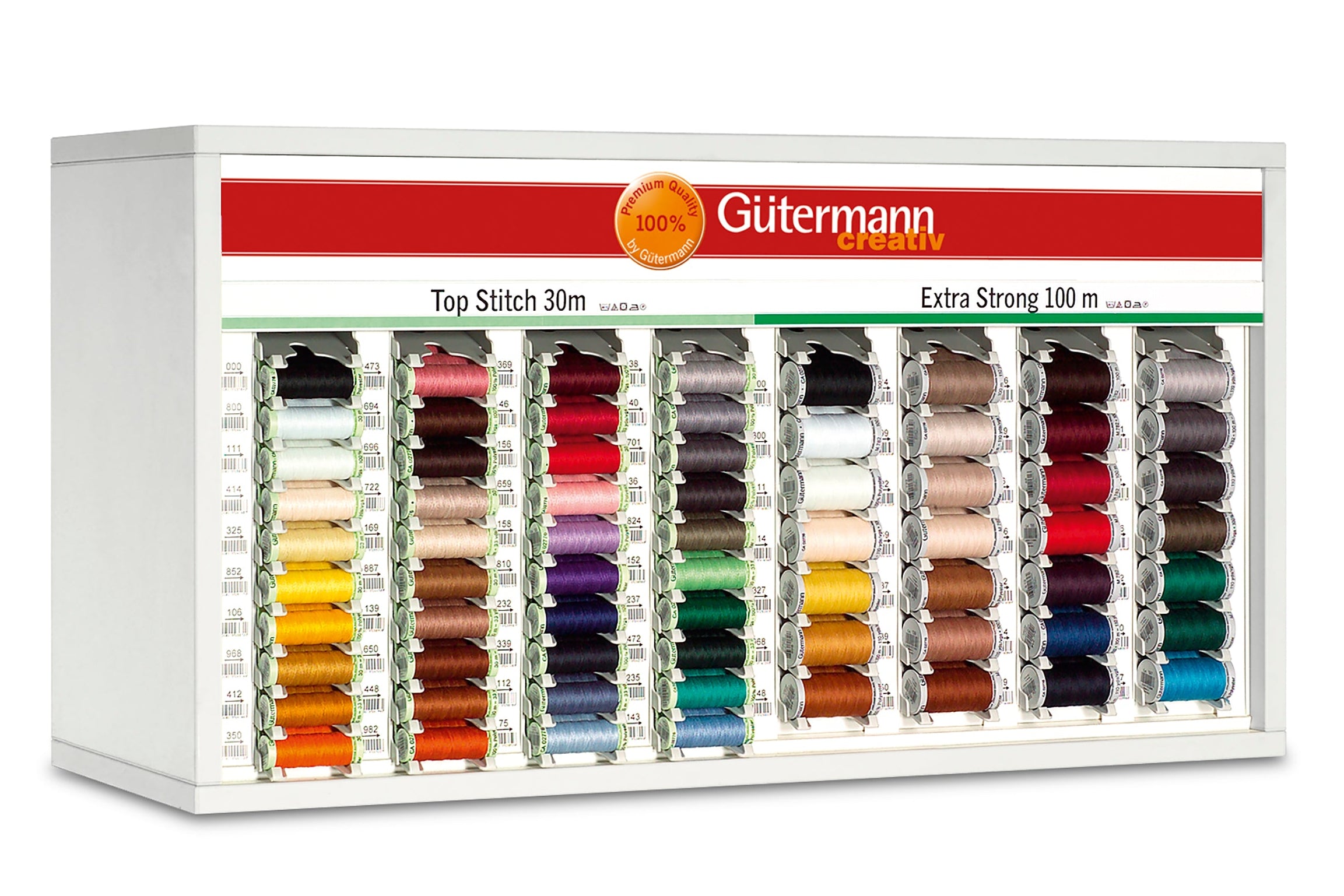SVKA80-13 - GUTERMANN COUNTER/TOPBOX Top stitch 30m -3 Reels each of 40 shades, Extra stong 100m - 3 Reels each of 28 shades