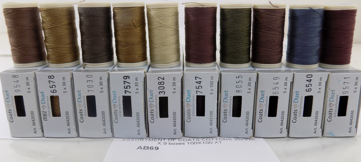 AB69  ASSORTMENT OF COATS COTTONS 30x30m X 9 boxes 100X100 X1