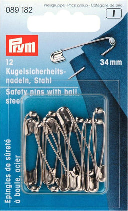 P089182 - Safety Pins with ball HT 1 silver 34mm x 12pc