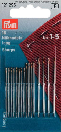 P121296 - Hand Sew Needle sharps 1-5 assorted silver col gold eye x 16pc