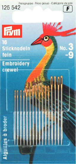 P125542 - Fine embroidery needle HT 3-9 silver col gold eye assorted x 16pc