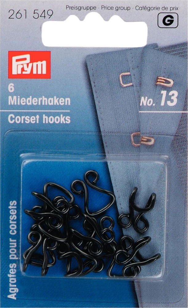P261549 - Corset Hooks and Eyes brass 13 black x 6pc