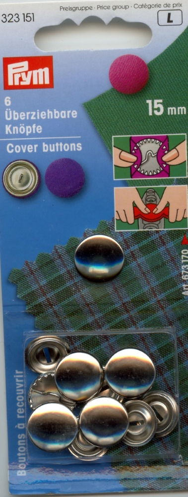 P323151 - Cover Button brass silver 15mm without tool x 6pc