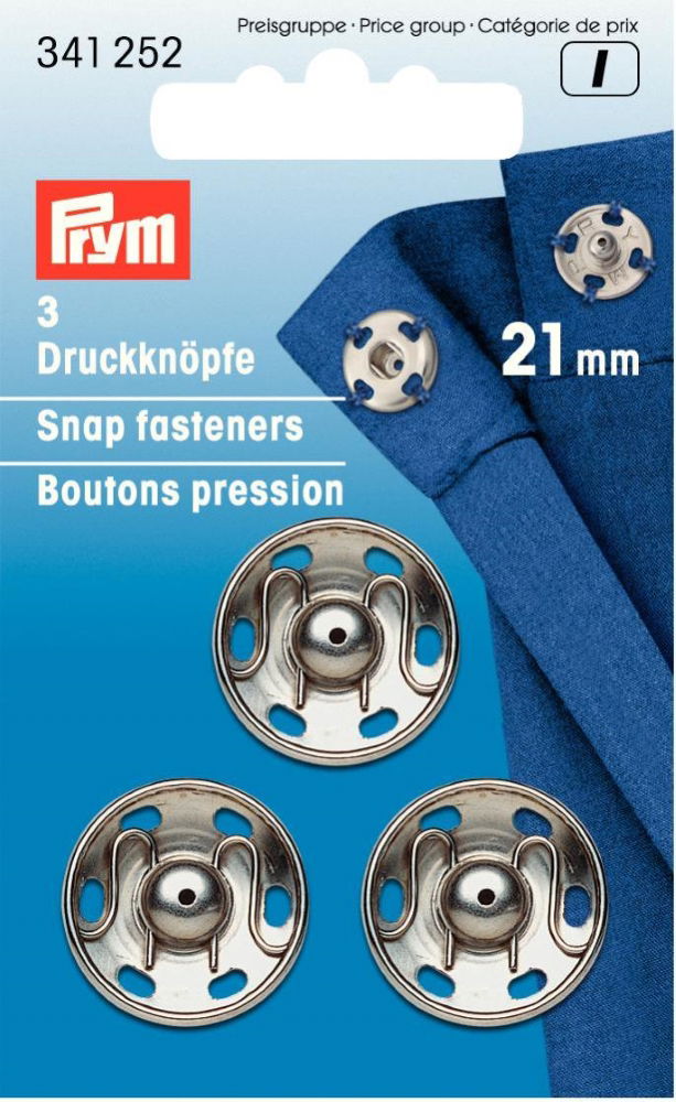 P341252 - Sew-On Snap Fastener brass silver 21mm x 3pc