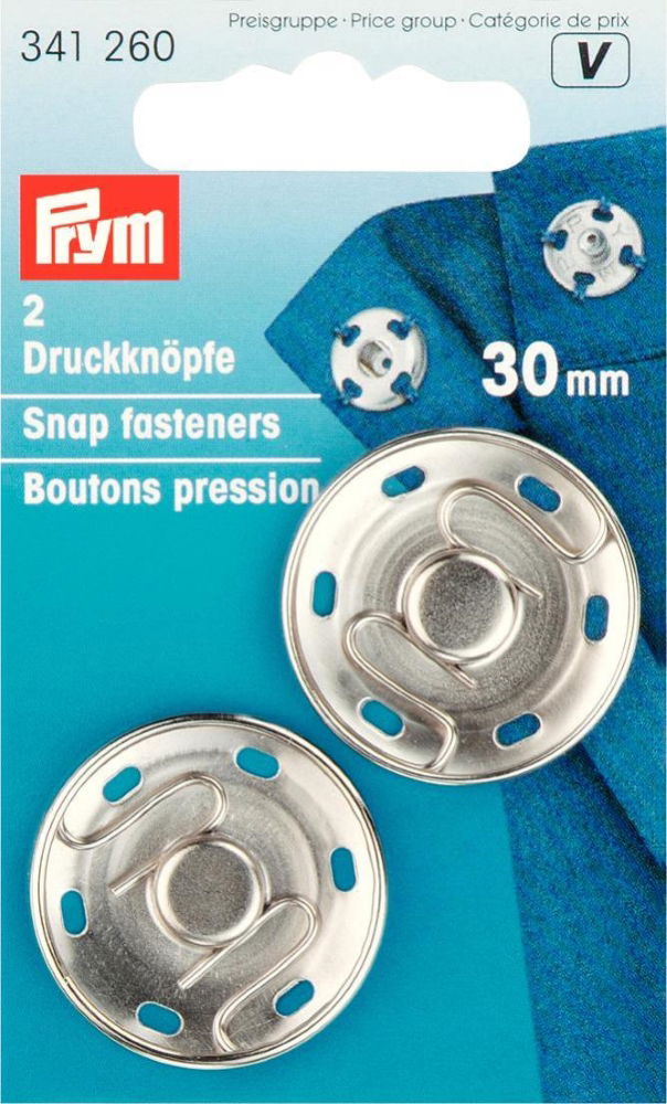 P341260 - Sew-On Snap Fastener brass silver 30mm x 2pc