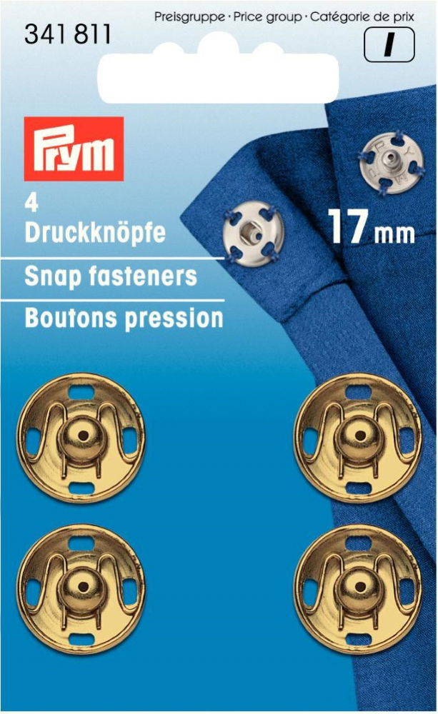 P341811 - Prym Sew-On Snap Fasteners brass 17 mm gold col 4pcs
