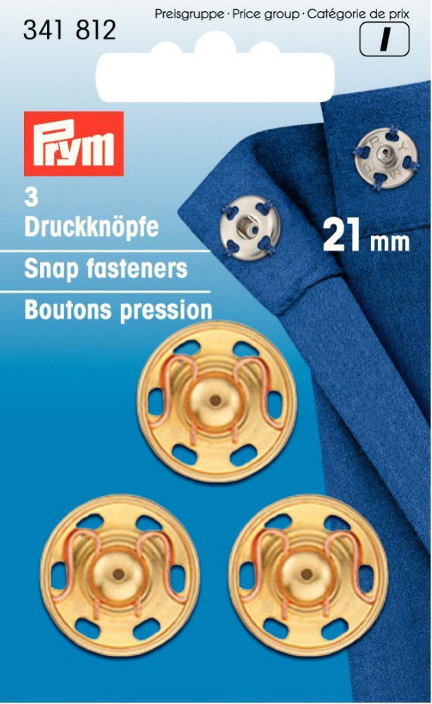 P341812 Prym Sew-onSnap Fasteners brass 21 mm gold col 3pcs