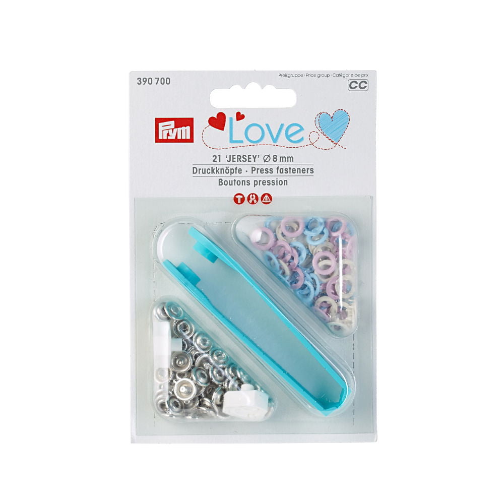 P390700 - P LOVE PRESS FASTENERS JERSY 8mm PALE PINK/LIGHT BLUE PEARL