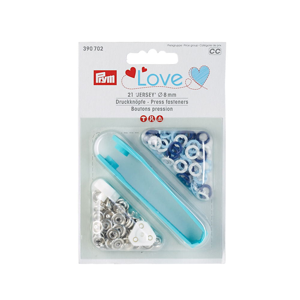 P390702 - PRYM LOVE PRESS FASTENER JERSEY 8mm BLUE/WHITE 10PCS