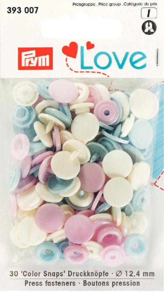 P393007 - Prym Love Colour press fast pl. 12.4mm diameter p pink/light blue/pearl