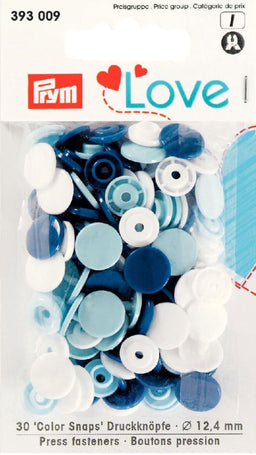 P393009 - Prym Love Colour press fast pl. 12.4mm diameter blue/white/light blue