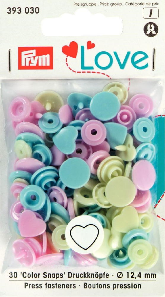 P393030 - P LOVE PRESS FAST. HEART 12.4mm diameter PALE PINK/GREEN/LT BLUE 30PC