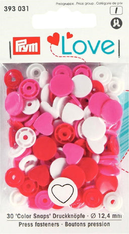 P393031 - P LOVE PRESS FAST. HEART 12.4mm diameter RED/WHITE/PINK 30PC