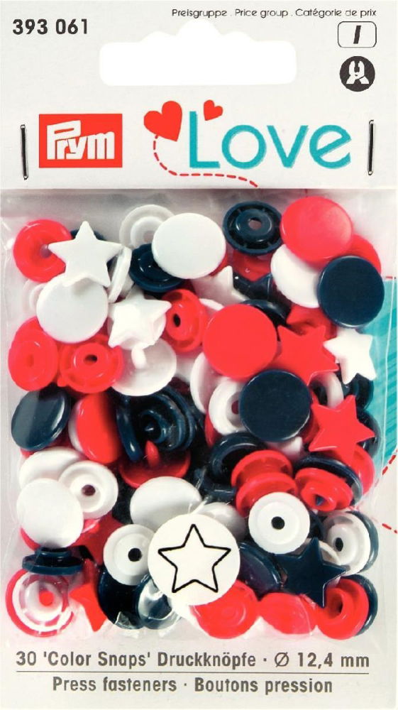 P393061 - P LOVE PRESS FAST. STAR 12.4mm diameter RED/WHITE/NAVY 30PC