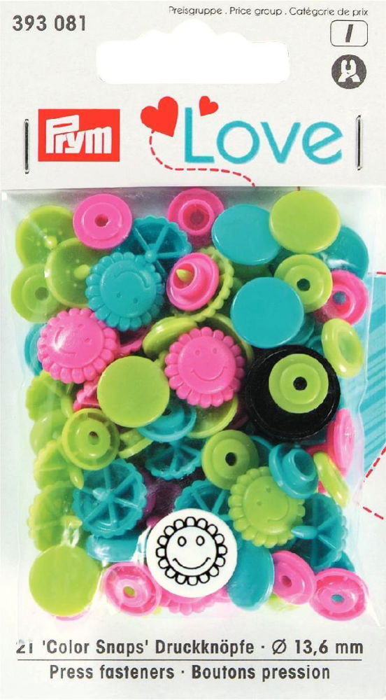 P393081 - P LOVE PRESS FAST. FLOWER 13.6mm TURQUOISE/GREEN/PINK  21PC