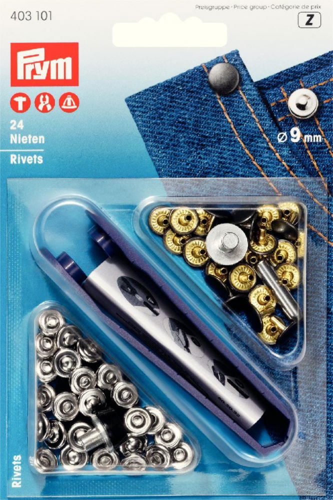 P403101 - Rivets brass silver antique steel 9mm x 24pc