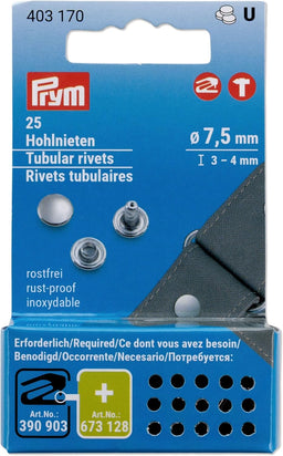 P403170  PRYM TUBULAR RIVETS 7.5mm diameter silver colour brass 25pc