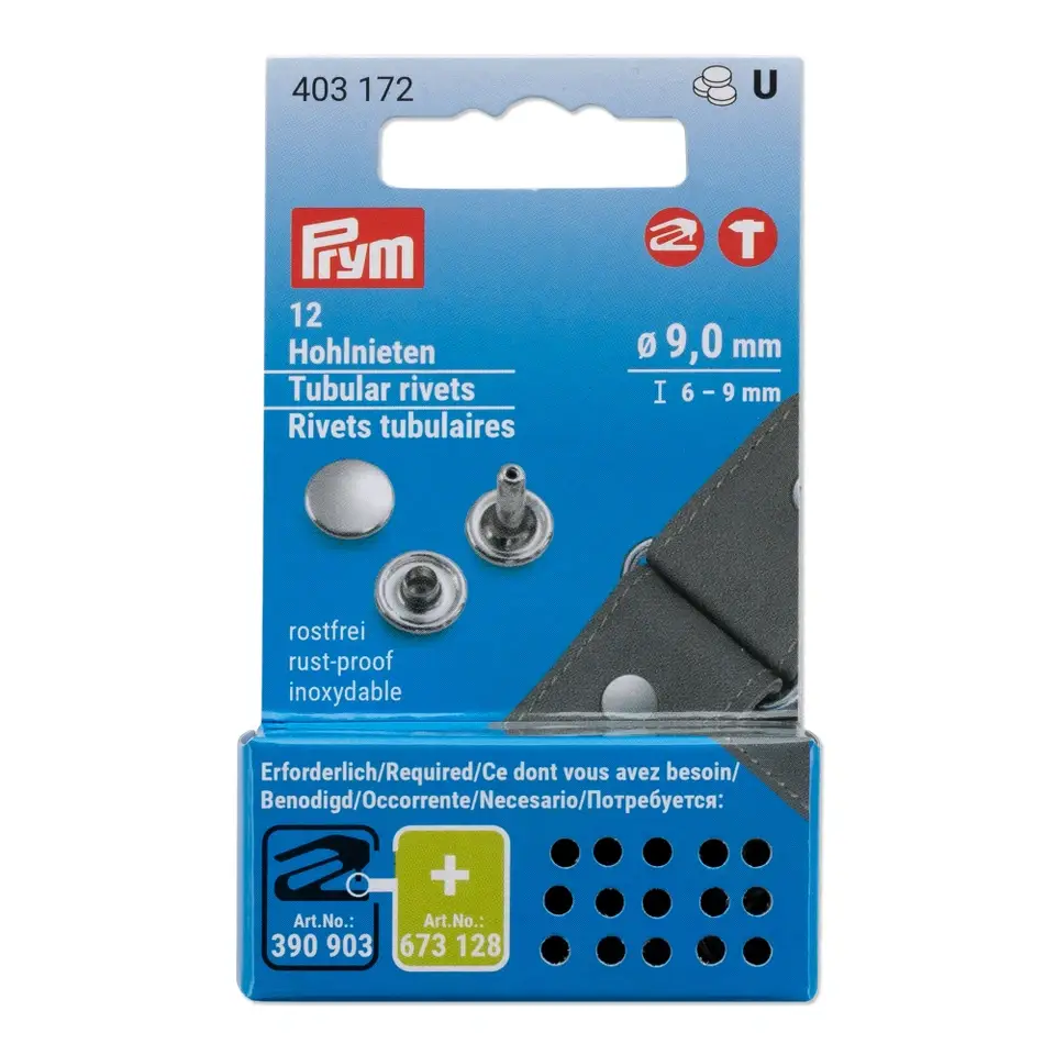 P403172 - PRYM TUBULAR RIVETS 9mm SILVER COLOURED BRASS 12pc