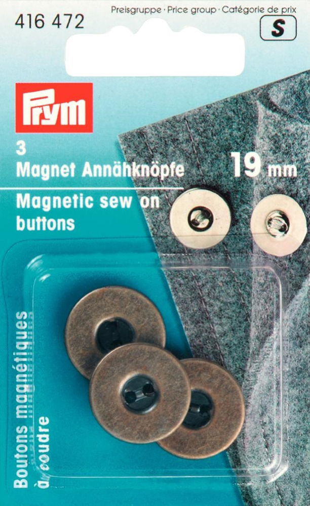 P416472 - Magnetic sew-on buttons 19mm antique brass x 3pc