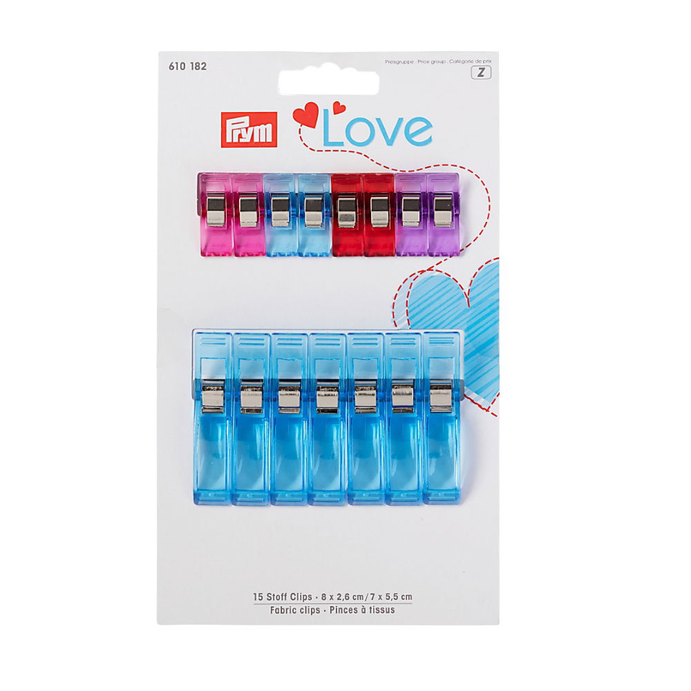 P610182 - Prym Love fabric clips 8X2.6cm + 7x5.5cm 15 pcs assorted