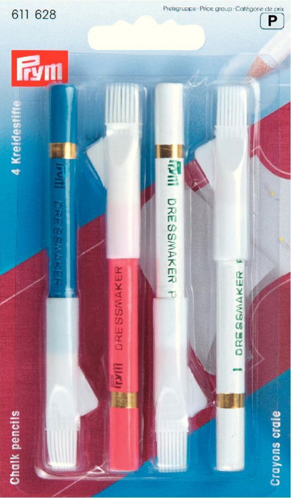P611628 - Chalk pencils + brush white/pink/blue x 4pc