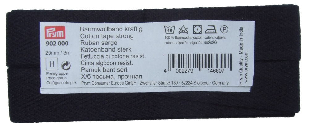 P902000 - Cotton tape strong 20 mm black x 3mtr