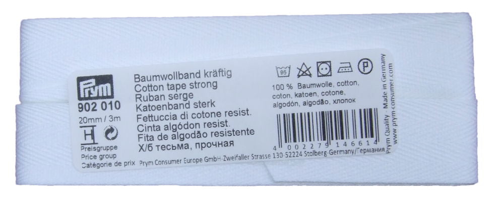 P902010 - Cotton tape strong 20 mm white x 3mtr