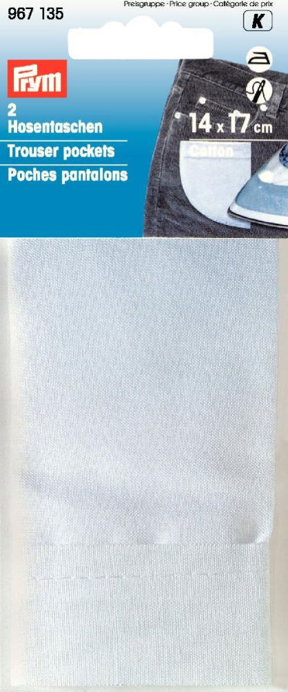 P967135 - TROUSER POCKETS 1/2 CO TO IRON-ON 14X17CM WHITE 2PCS