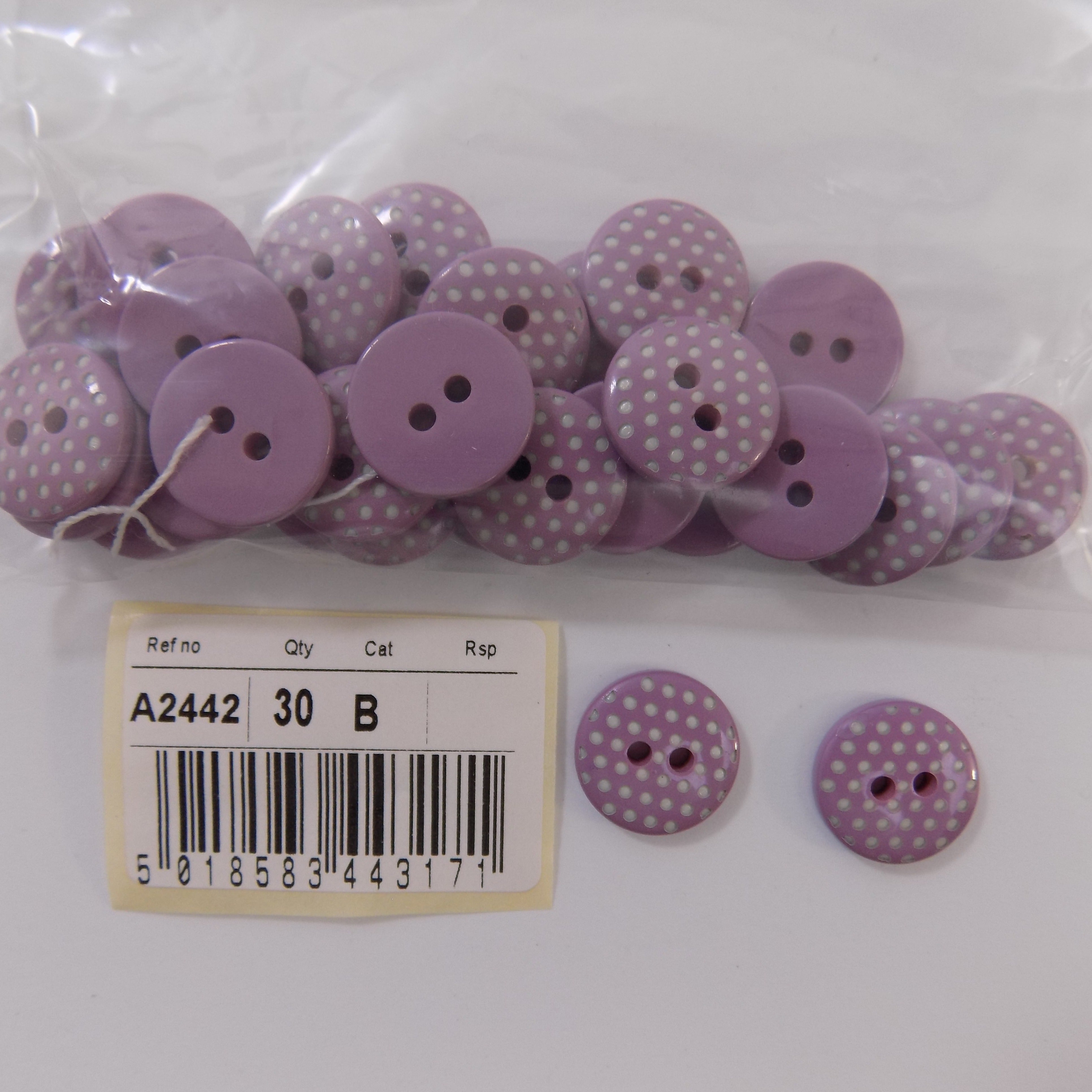 S2442  **SEHLBACH B BUTTON LILAC/WHITE SPOTS SMALL X 30