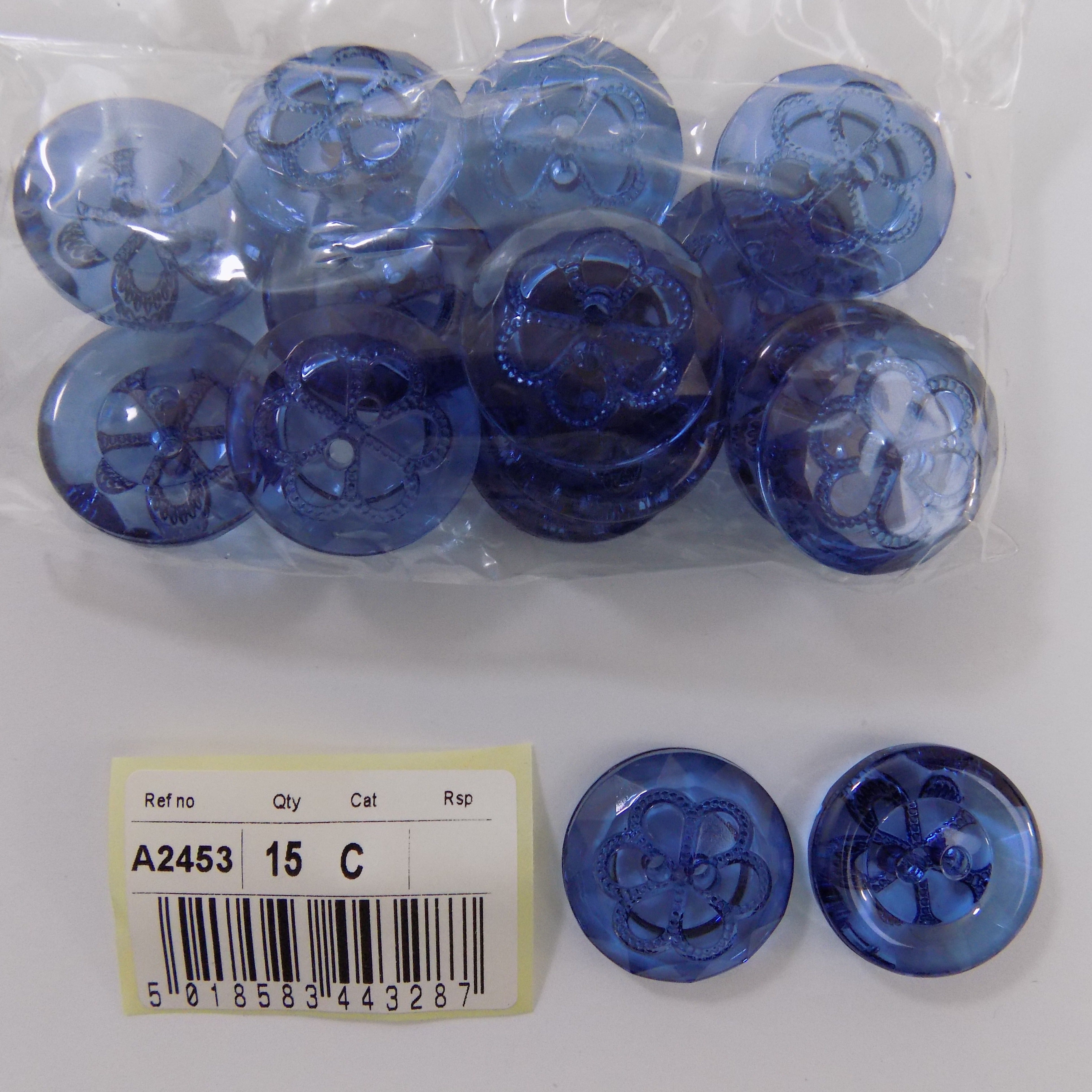 S2453  **SEHLBACH C BUTTON CLEAR BLUE MEDIUM X 15