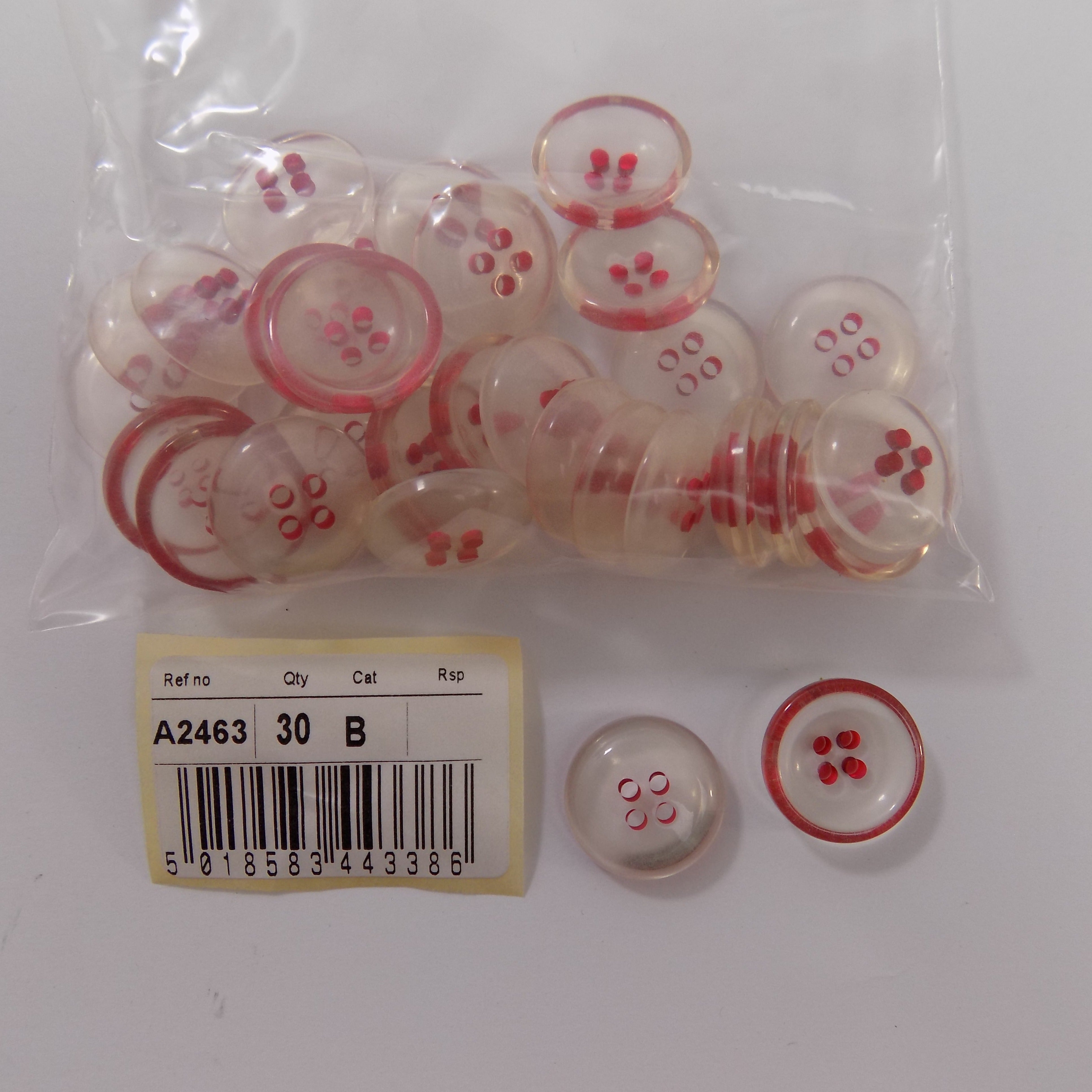 S2463  **SEHLBACH B BUTTON 18MM 4 H CLEAR/PINK RIM PK30