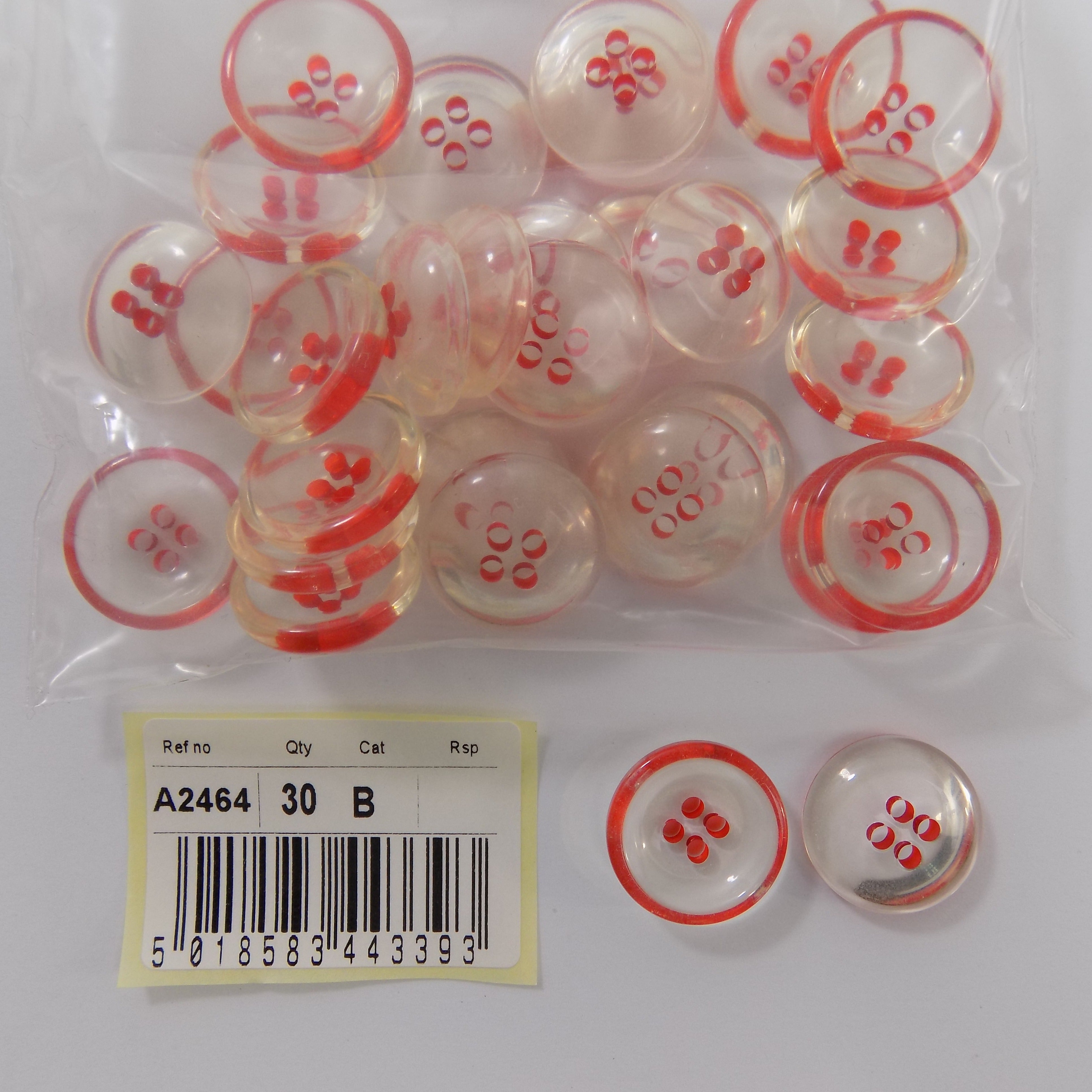 S2464  **SEHLBACH B BUTTON 18MM 4H CLEAR/ORANGE RIM PK30