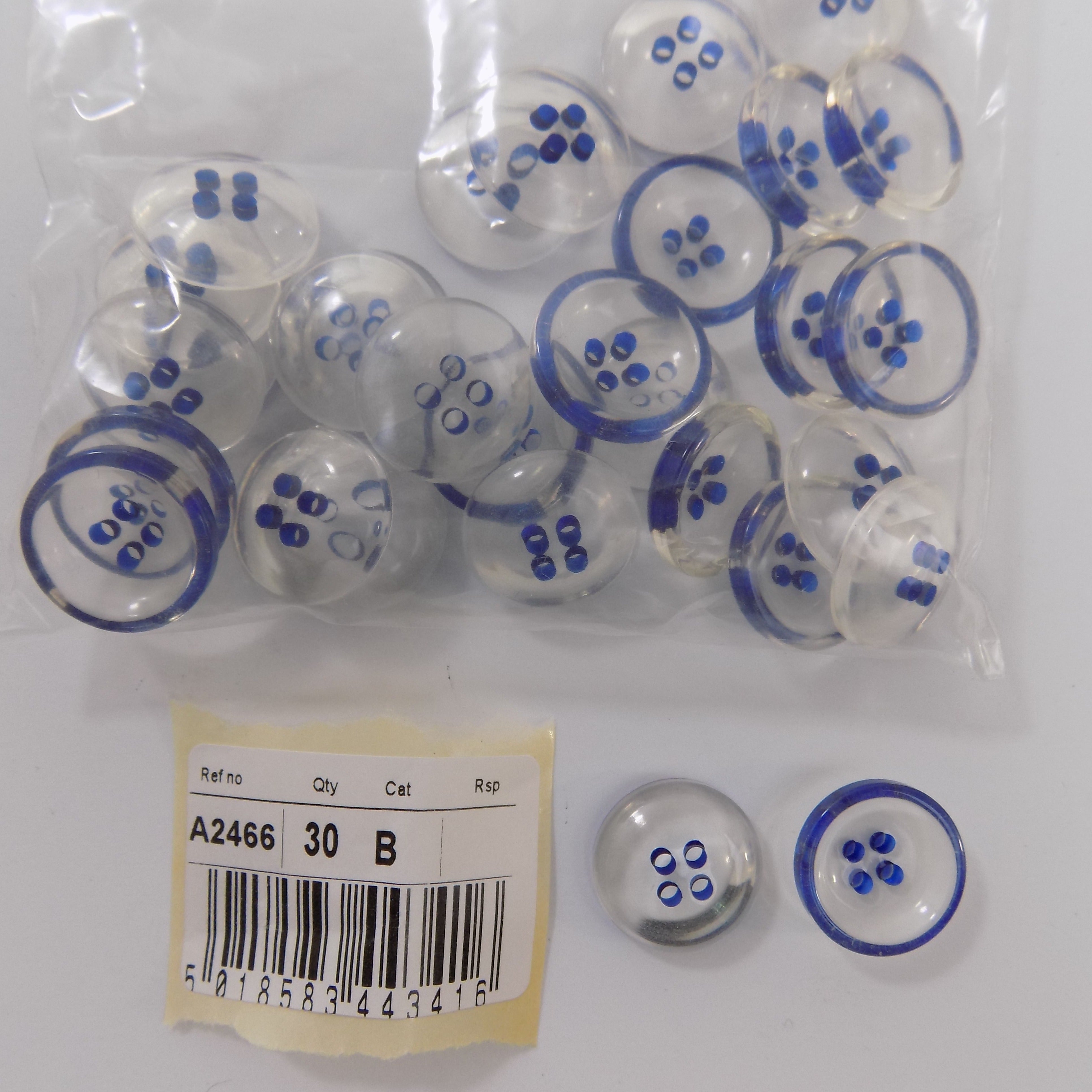 S2466  **SEHLBACH B BUTTON 18MM 4H CLEAR/BLUE PK30