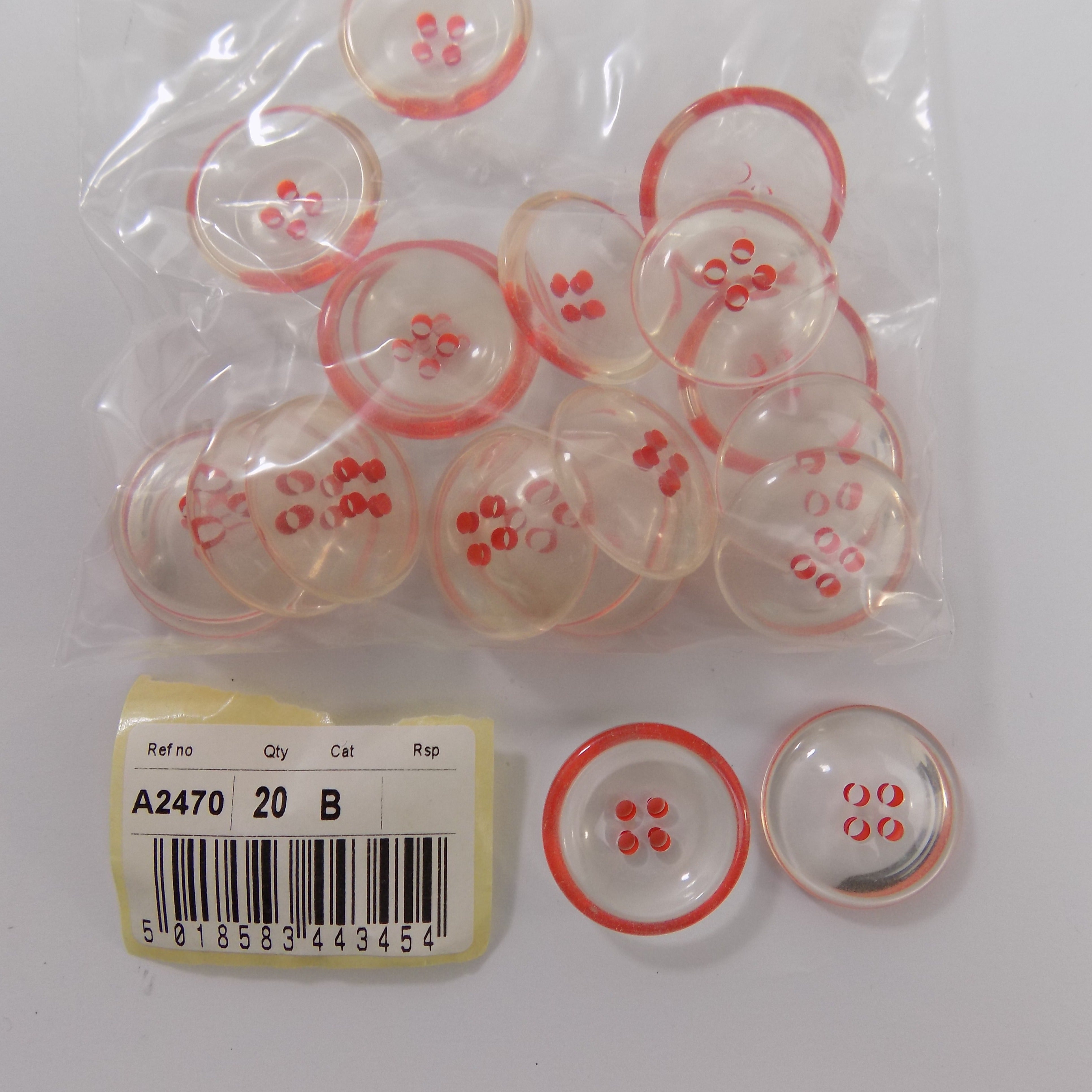 S2470  **SEHLBACH B BUTTON 22MM 4H CLEAR/ORANGE RIM PK20