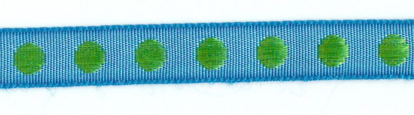 SR1208-10-06 - SUPER RIBBON DOTS 10mm 06 GREEN DOTS ON A BLUE BACKGROUND