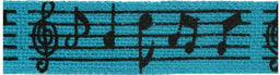 SR1505-38-TURQ - SUPER RIBBON MUSIC NOTES 38mm TURQUIOSE HESSIAN