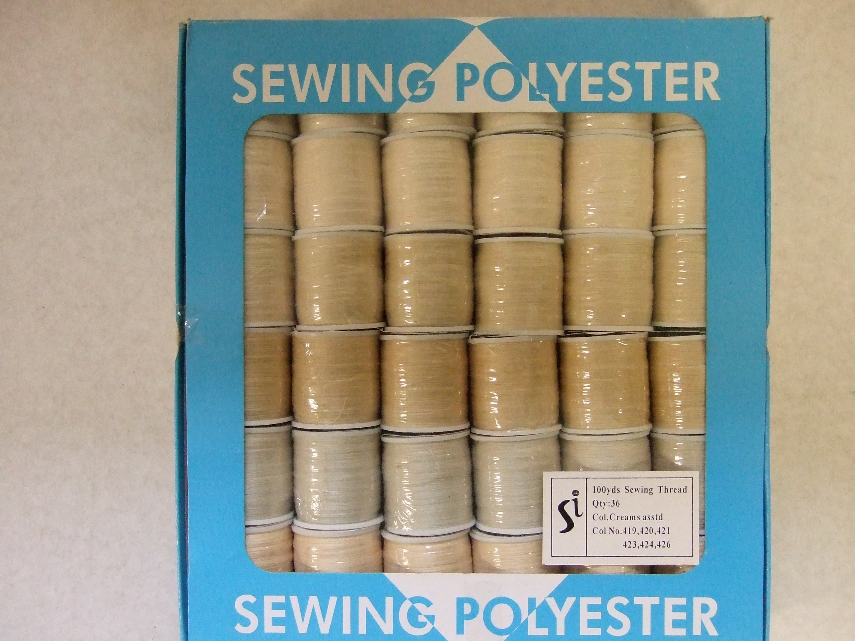 SS259  CREAMS POLYESTER SEWING THREAD 100 YDS 36 WINDOW BOX